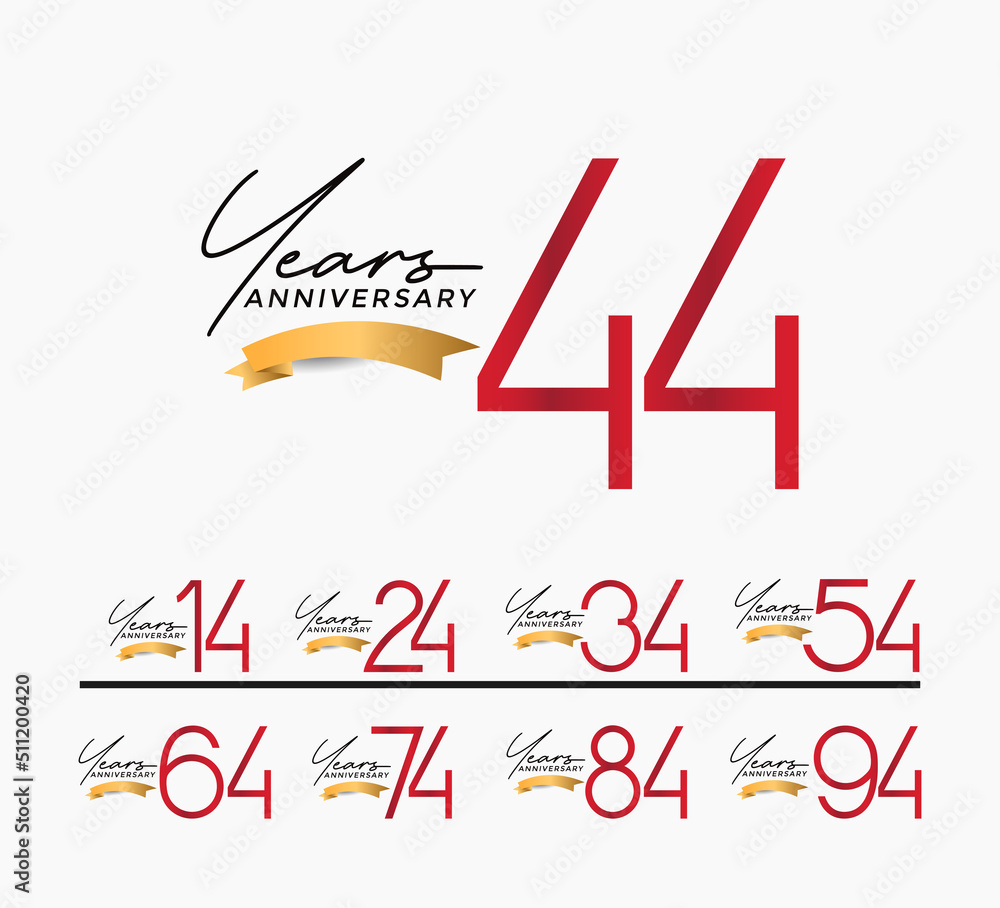 set of anniversary red color on white background with gold ribbon for celebration moment set of anniversary red color on white background with gold ribbon for celebration moment