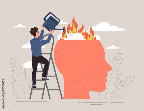Putting out fire in head. Guy on stairs with watering can on abstract silhouette. Psychological help, calmness and support. Mental health and caring for others. Cartoon flat vector illustration