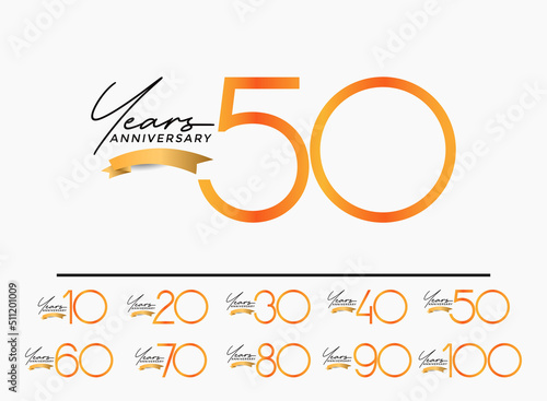 set of anniversary orange color on white background with gold ribbon for celebration moment