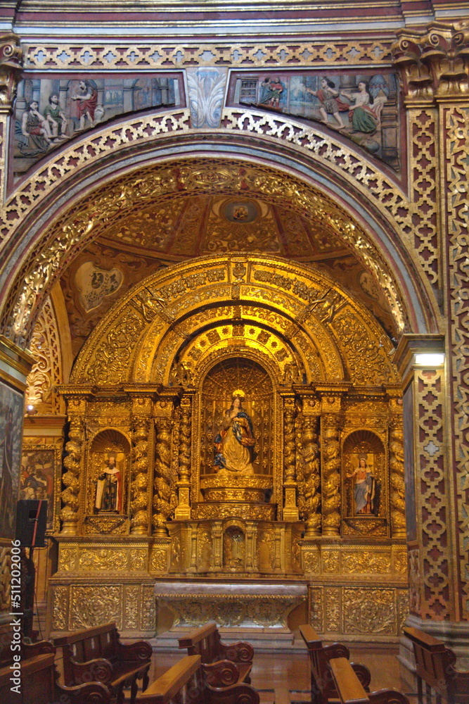 Shrine in the Church of la Compania de Jesus, or the Gold Church,  in the Old Town Quito, Ecuador
