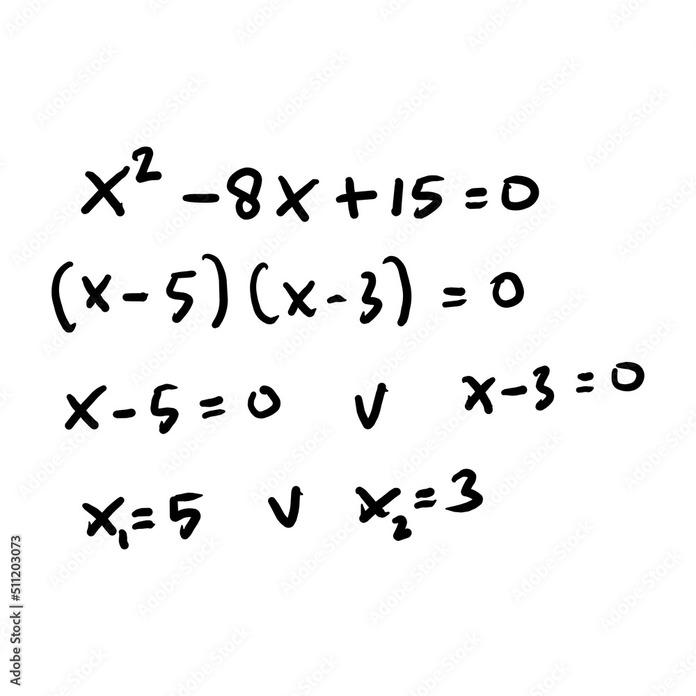 Quadratic equation formula. Solution of solving quadratic equations. Background. Education, getting grades, higher school Math programs. Handwritten math text. Grouped and isolated on white. vector Quadratic equation formula. Solution of solving quadratic equations. Background. Education, getting grades, higher school Math programs. Handwritten math text. Grouped and isolated on white. vector