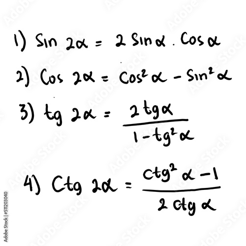 Basic trigonometric identities. Formulas to calculate sine, cosine, tangent, tangent for double angles. Higher Education, Mathematics. Handwritten math text. vector. EPS10