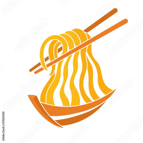 Asian noodles bowl with chopsticks illustration vector. Thai noodles boat bowl logo vector design. Japanese ramen noodles on ship bowl logo design concept. 