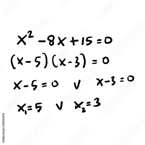 Quadratic equation formula. Solution of solving quadratic equations. Background. Education, getting grades, higher school Math programs. Handwritten math text. Grouped and isolated on white. vector photo