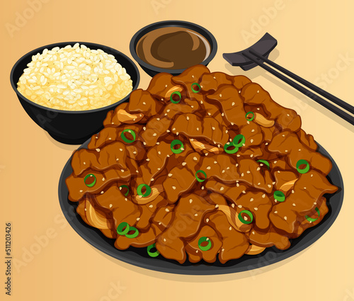 Traditional korean food bulgogi bbq steak grilled with rice and soup. Korean food beef bulgogi menu close up illustration vector. Asian fried pork cutlet food recipes.