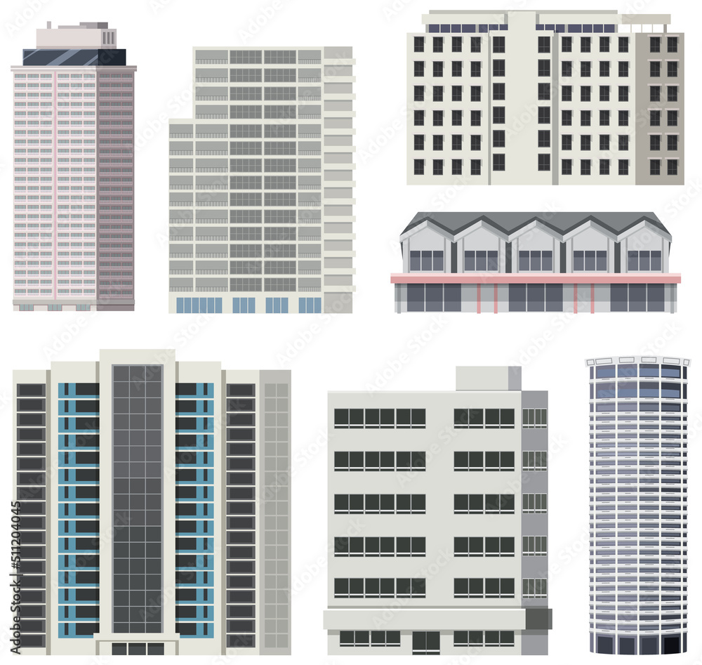 Set of different city skyscraper buildings