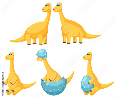 Different cute apatosaurus dinosaur cartoon characters