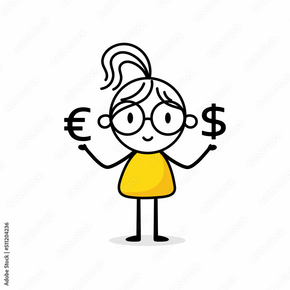 Businesswoman with euro and dollar sign isolated on white background. Hand drawn doodle woman. Vector stock illustration Businesswoman with euro and dollar sign isolated on white background. Hand drawn doodle woman. Vector stock illustration