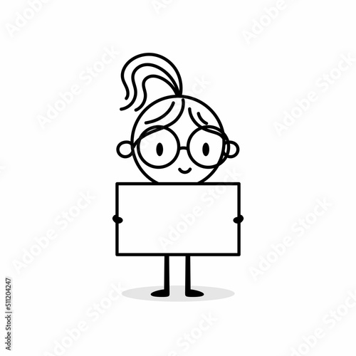 Businesswoman holds a blank banner isolated on white background. Hand drawn doodle woman. Vector stock illustration