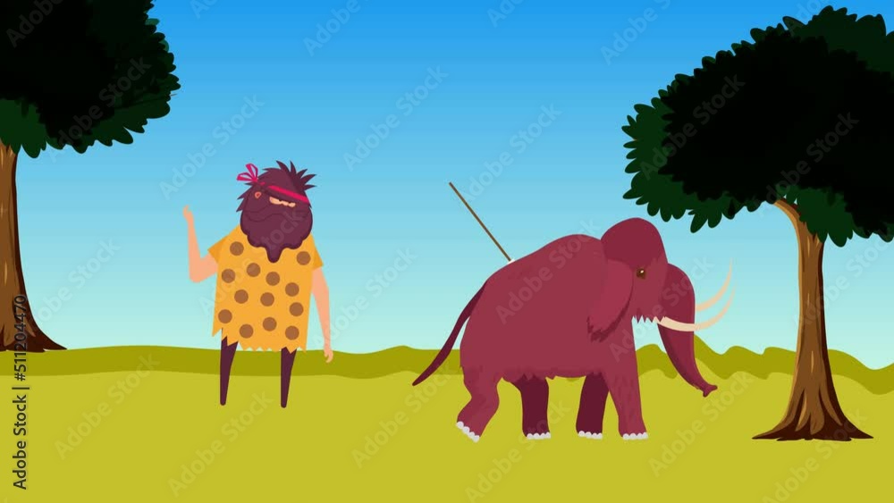 Caveman hunting a mammoth with a spear in a jungle 4K animation ...