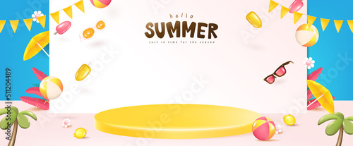 Summer banner template for promotion with product display andelements for beach party