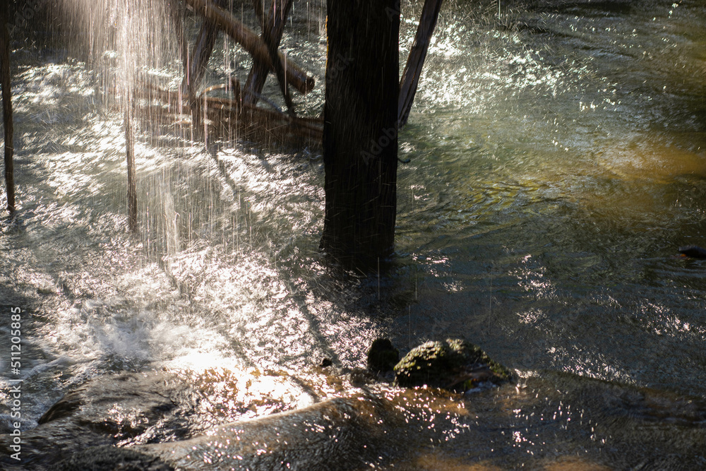 Fototapeta premium Water falling from the water wheel into the forest.