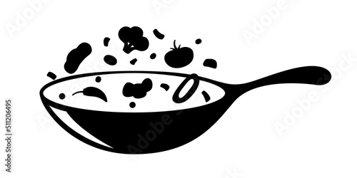silhouette pan and fresh food, Draw pan cooking, black graphics on a white background