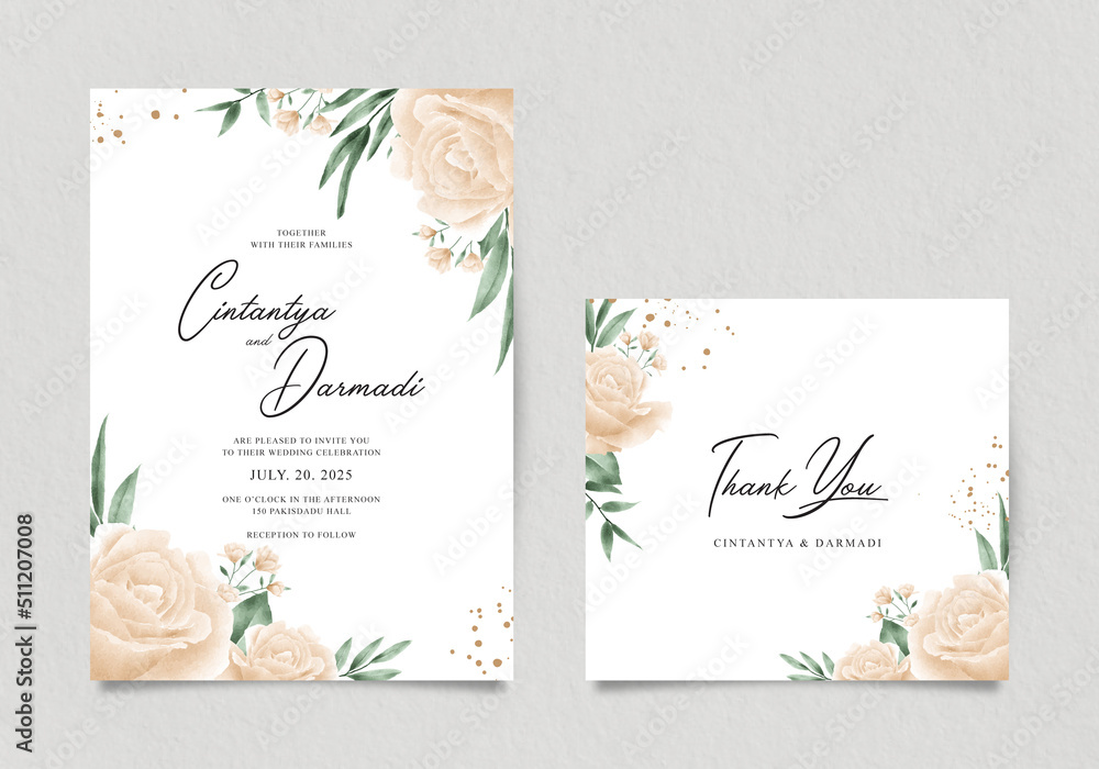 Fototapeta premium Elegant wedding invitation template set with yellow roses