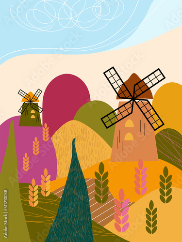 Vector banner of autumn nature, village, country with wheat fields. Can be used for poster, card, brochure or cover.
