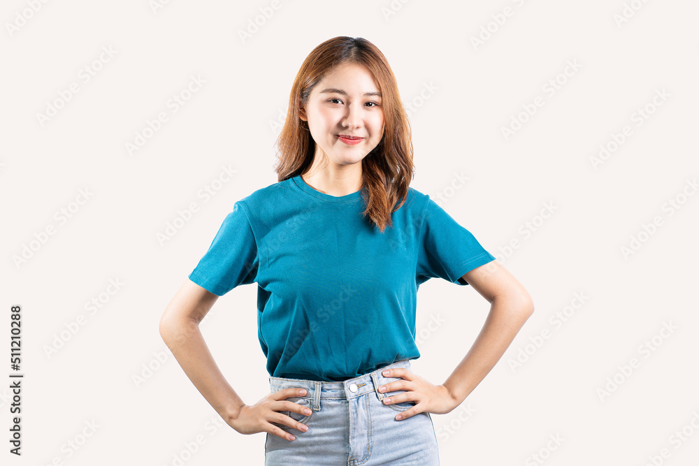 Beautiful Asian woman making various hand gestures with copy space isolated on a white background Beautiful Asian woman making various hand gestures with copy space isolated on a white background