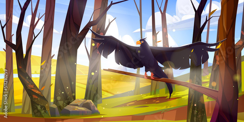 Black raven fly in autumn forest on river shore. Vector cartoon illustration of fall landscape with water stream, green grass, orange bushes, trees and wild crow with spread wings