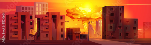 Atomic bomb explosion in destroyed city with broken buildings. Vector cartoon illustration of atom war with demolished houses and mushroom cloud of nuclear blast with fire and smoke