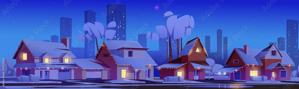 Suburban houses with snow and christmas decoration at night. Vector cartoon illustration of winter landscape off street in suburb district, cottages with holiday garlands and skyscrapers on skyline