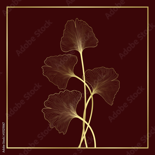 Golden ginkgo leaves on frame background
