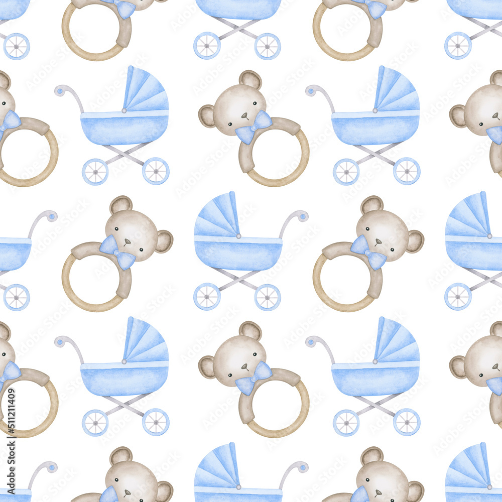 Newborn baby boy blue stroller and teddy bear teether background