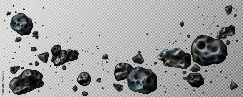 Stone asteroid belt realistic vector illustration. Meteor, space boulder or rock with craters flying in weightlessness isolated icon set on transparent background, various form - obrazy, fototapety, plakaty 