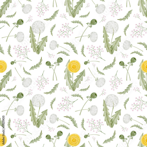 Dandelion flower watercolor seamless pattern. Cute pastel botanical hand drawn background.  Summer rustic wallpaper.