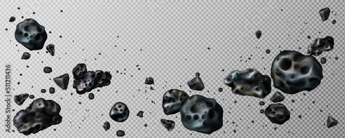 Stone asteroid belt realistic vector illustration. Meteor, space boulder or rock with craters flying in weightlessness isolated icon set on transparent background, various form