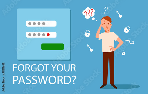 The man forgot her personal data. the concept of a web screensaver with a forgotten password, account protection, danger warning, incorrect password. Vector illustration in a flat style.
