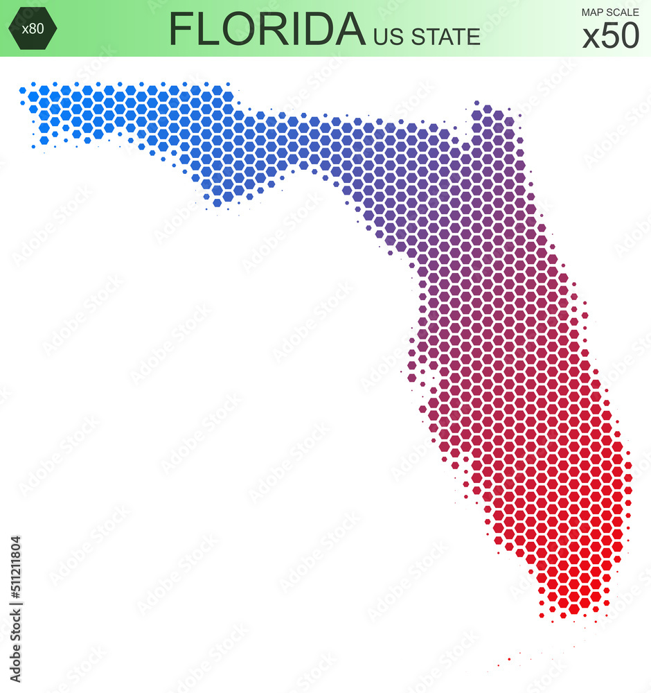 Dotted map of the state of Florida in the USA, from hexagons, on a scale of 50x50 elements. With smooth edges and a smooth gradient from one color to another on a white background.