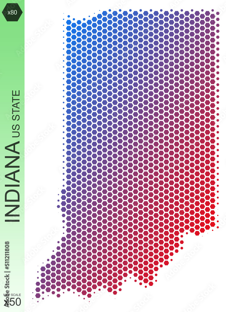 Dotted map of the state of Indiana in the USA, from hexagons, on a scale of 50x50 elements. With smooth edges and a smooth gradient from one color to another on a white background.