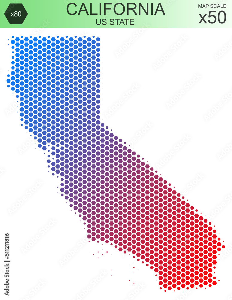 Dotted map of the state of California in the USA, from hexagons, on a scale of 50x50 elements. With smooth edges and a smooth gradient from one color to another on a white background.