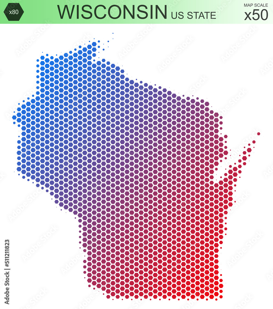 Dotted map of the state of Wisconsin in the USA, from hexagons, on a scale of 50x50 elements. With smooth edges and a smooth gradient from one color to another on a white background.