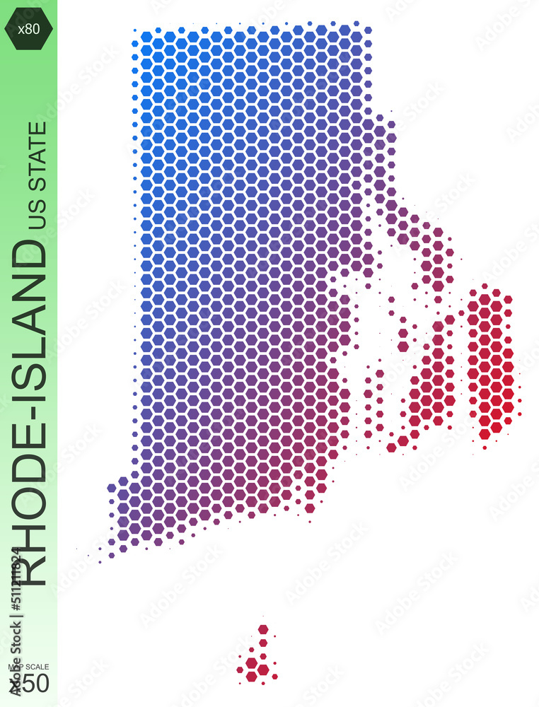 Dotted map of the state of Rhode-Island in the USA, from hexagons, on a scale of 50x50 elements. With smooth edges and a smooth gradient from one color to another on a white background.