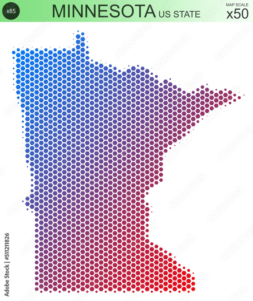 Dotted map of the state of Minnesota in the USA, from hexagons, on a scale of 50x50 elements. With smooth edges and a smooth gradient from one color to another on a white background.