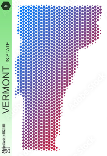 Dotted map of the state of Vermont in the USA, from hexagons, on a scale of 50x50 elements. With smooth edges and a smooth gradient from one color to another on a white background.