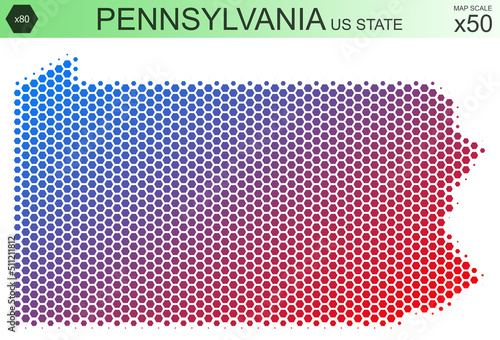 Dotted map of the state of Pennsylvania in the USA, from hexagons, on a scale of 50x50 elements. With smooth edges and a smooth gradient from one color to another on a white background. photo