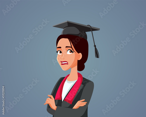 Stressed Woman Graduating Worried About Future Vector Cartoon. Anxious graduate thinking about tuition and student loan
