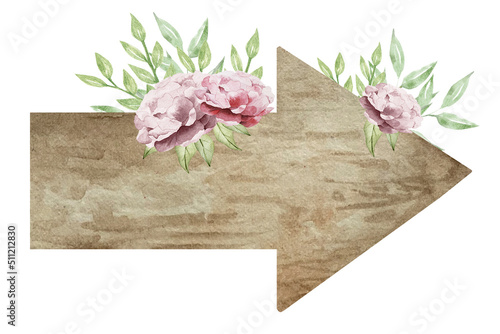Watercolor wooden arrows sign with flowers