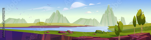 Mountain valley landscape with river, trees and rock cliff. Vector cartoon illustration of summer nature panorama with green grass, lake with blue water, stones and fissure in ground