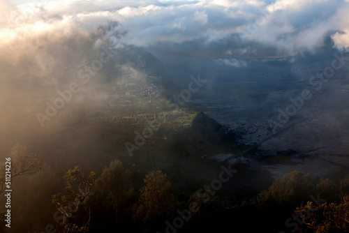 Bromo Mountain with Morning Mist  is Volcano Mountain in Surabaya  Indonesia