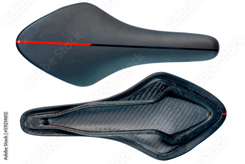 Background and textured of bicycle seat with a black and red line cutting through. look above and below. On isolated white background.