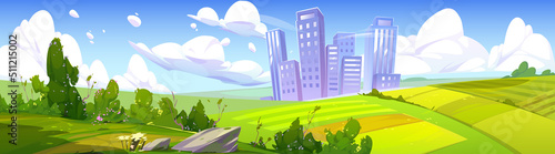 Summer landscape with fields and city buildings on skyline. Vector cartoon illustration of nature panorama with green bushes, farm lands, path and town on horizon