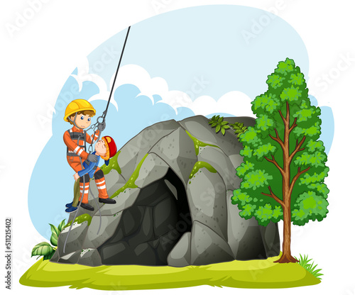 Emergency rescue team help boy cartoon style