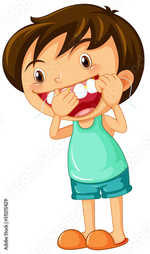 Cute boy cartoon character flossing teeth