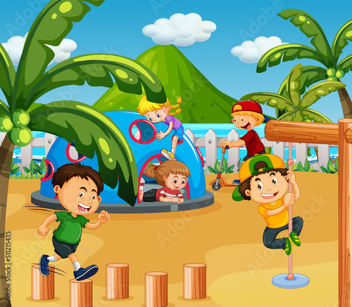 Beach playground with happy children