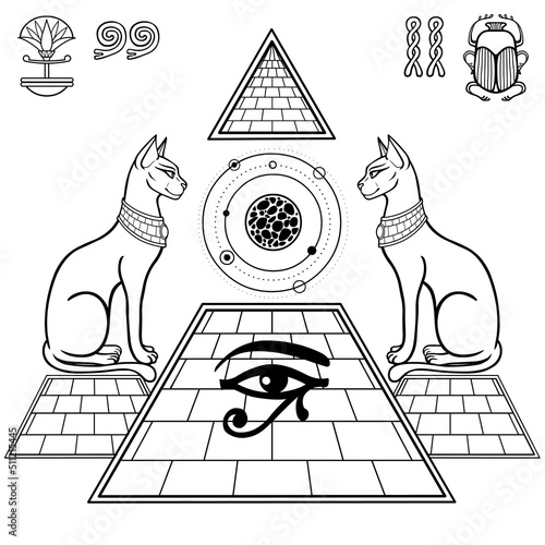 Mystical linear drawing: Sacred cats  goddess Bastet guard the pyramid. Sun Ra emerges from inside the pyramid. Vector illustration isolated on a white background. 