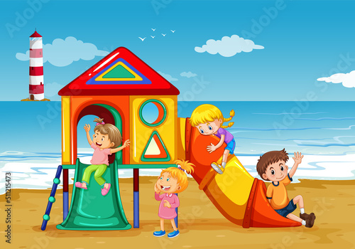 Beach playground with happy children