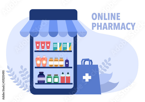 Online pharmacy concept vector illustration. Online drugstore on smartphone screen in flat design.
