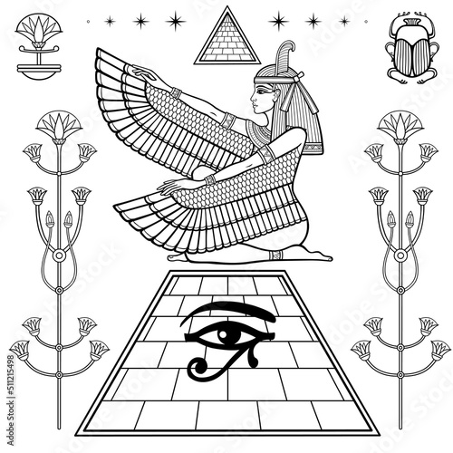 Mystical linear drawing: winged goddess Isis at top of the Egyptian pyramid. Papyrus flowers, hieroglyphs. Vector illustration isolated on a white background. 